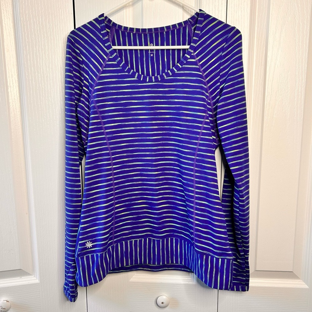 Athleta Top‎ Womens Medium Blue Pop Space Dye Striped Scoop Neck Thumbholes Yoga